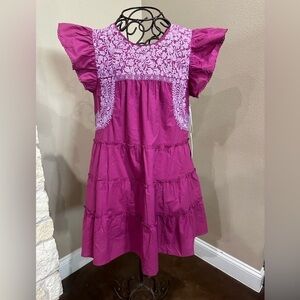 NWT J Marie magenta embroidered dress with ruffle sleeves